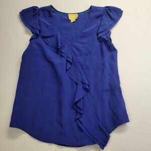 Maeve Anthropologie 100% SILK Cobalt Blue‎ Ruffle Cap Sleeve Blouse Top Shirt 2